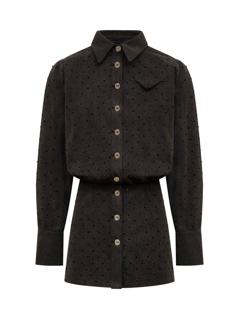 Fashion Waist Rhinestone Button Shirt Mini Dress