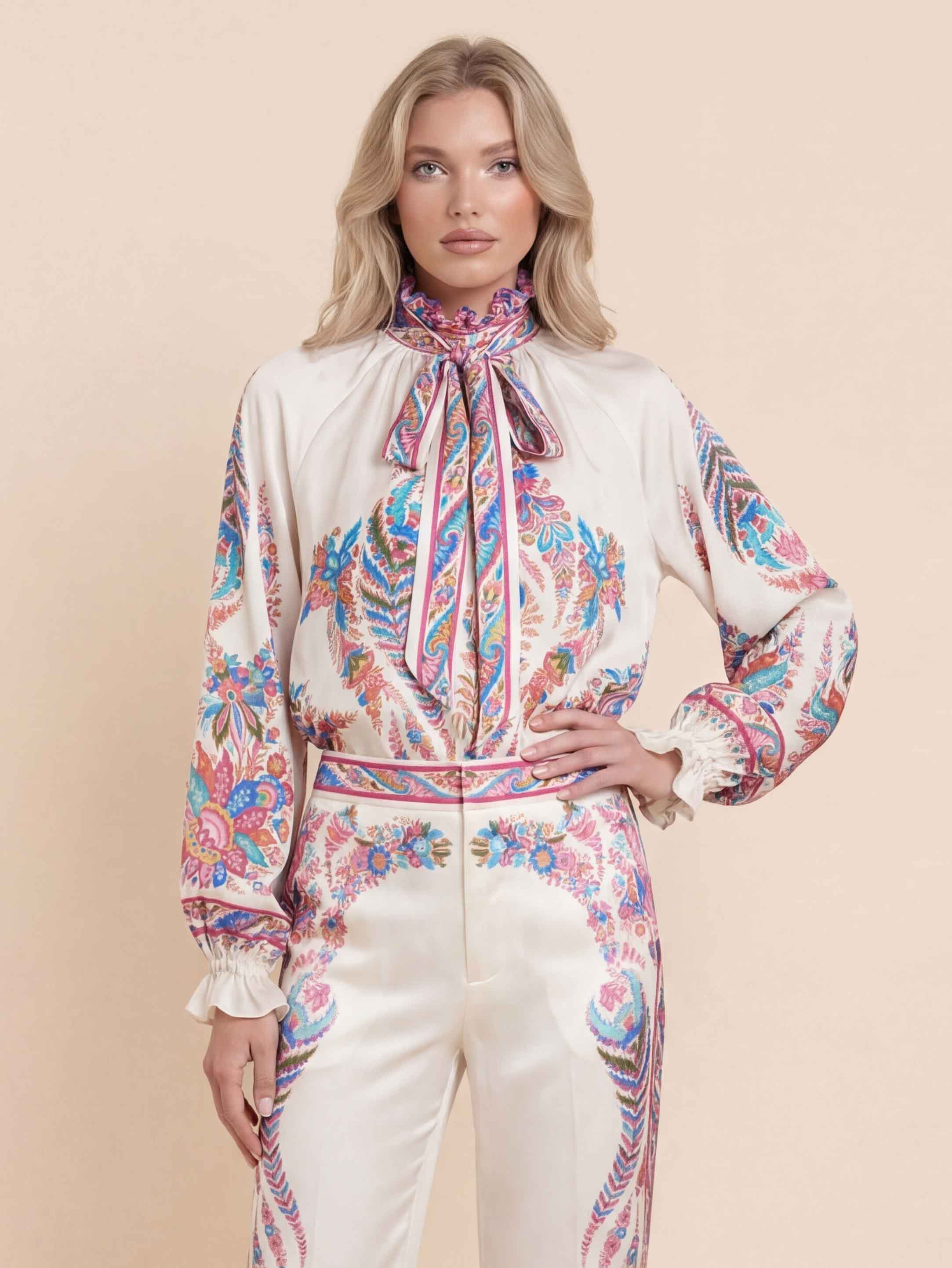 Exquisite Bow Detail Paisley Print Satin Shirt