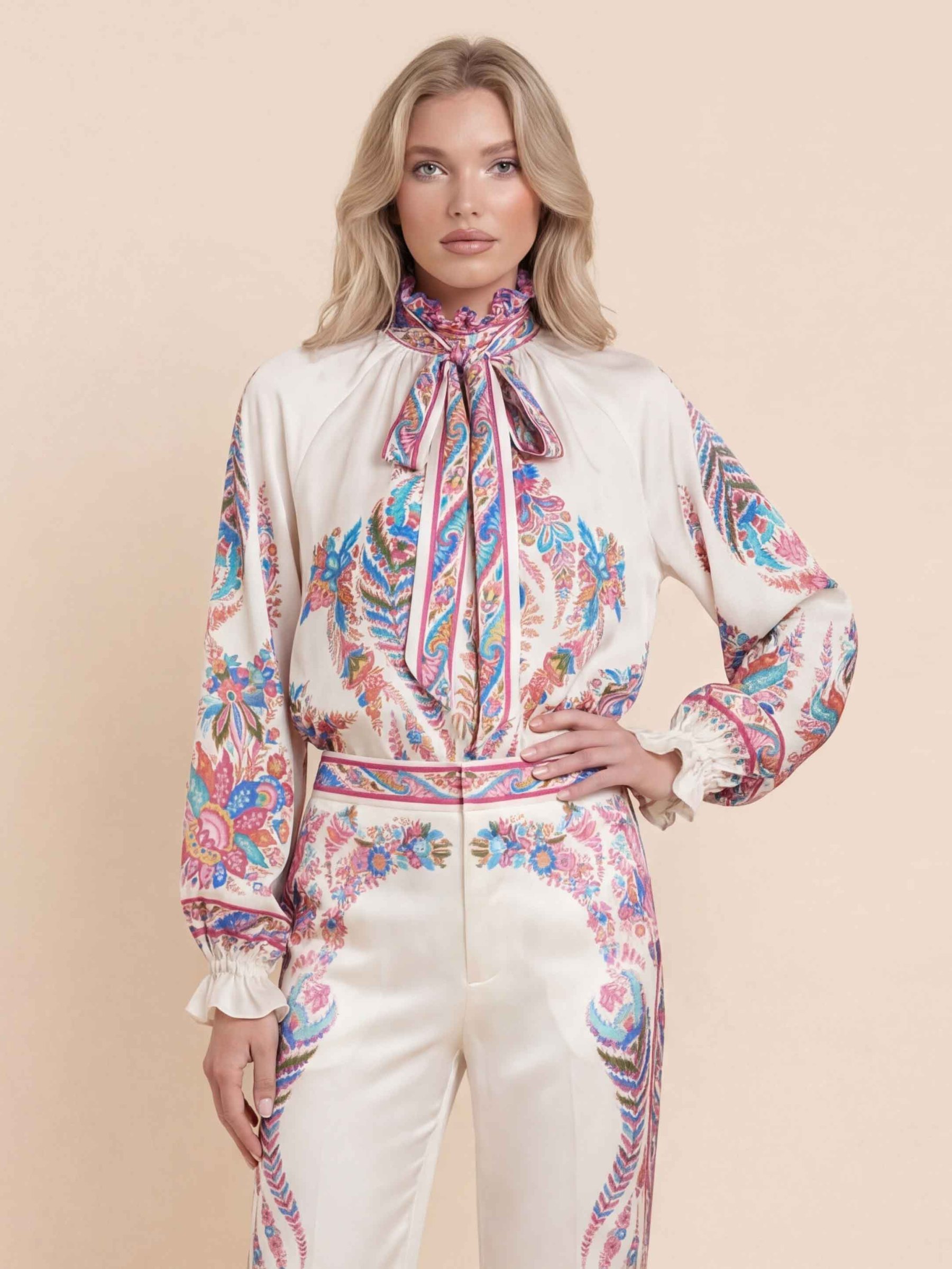 Exquisite Bow Detail Paisley Print Satin Shirt