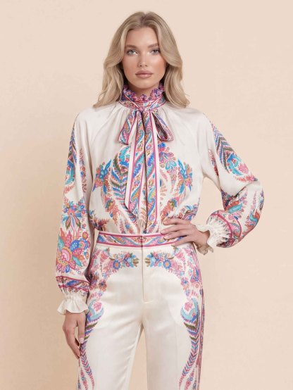 Exquisite Bow Detail Paisley Print Satin Shirt