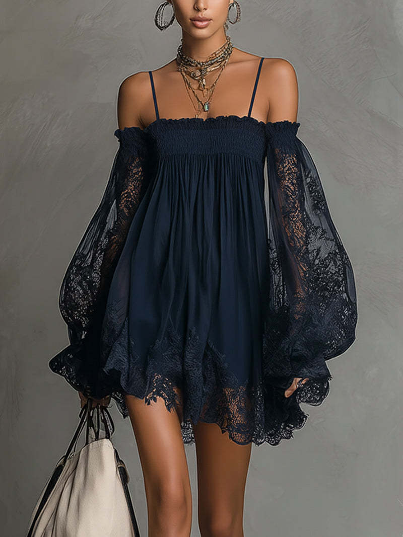 Exquisite Off-Shoulder Lace Trim Mini Dress