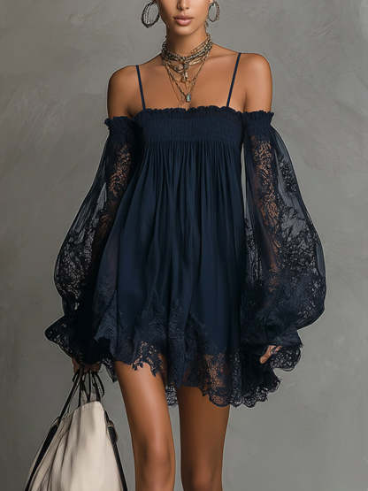 Exquisite Off-Shoulder Lace Trim Mini Dress