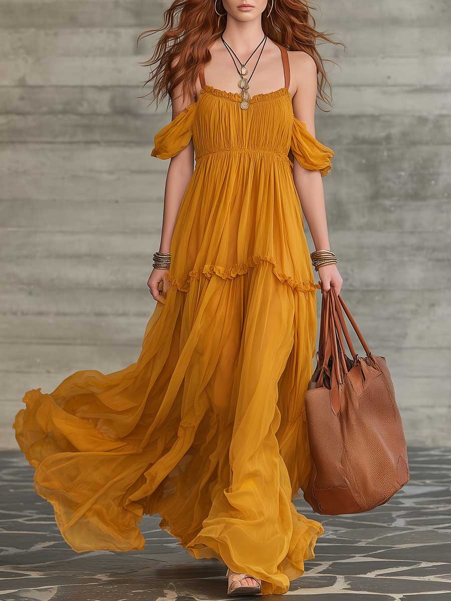Bohemian Off-Shoulder Ruffle Chiffon Maxi Dress