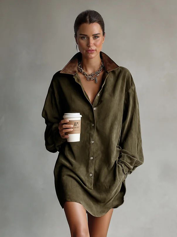 Casual Loose Lapel Paneled Suede Mini Dress