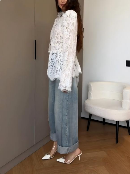 Shoulder Pad Structure Floral Lace Lotus Leaf Waist Blouse