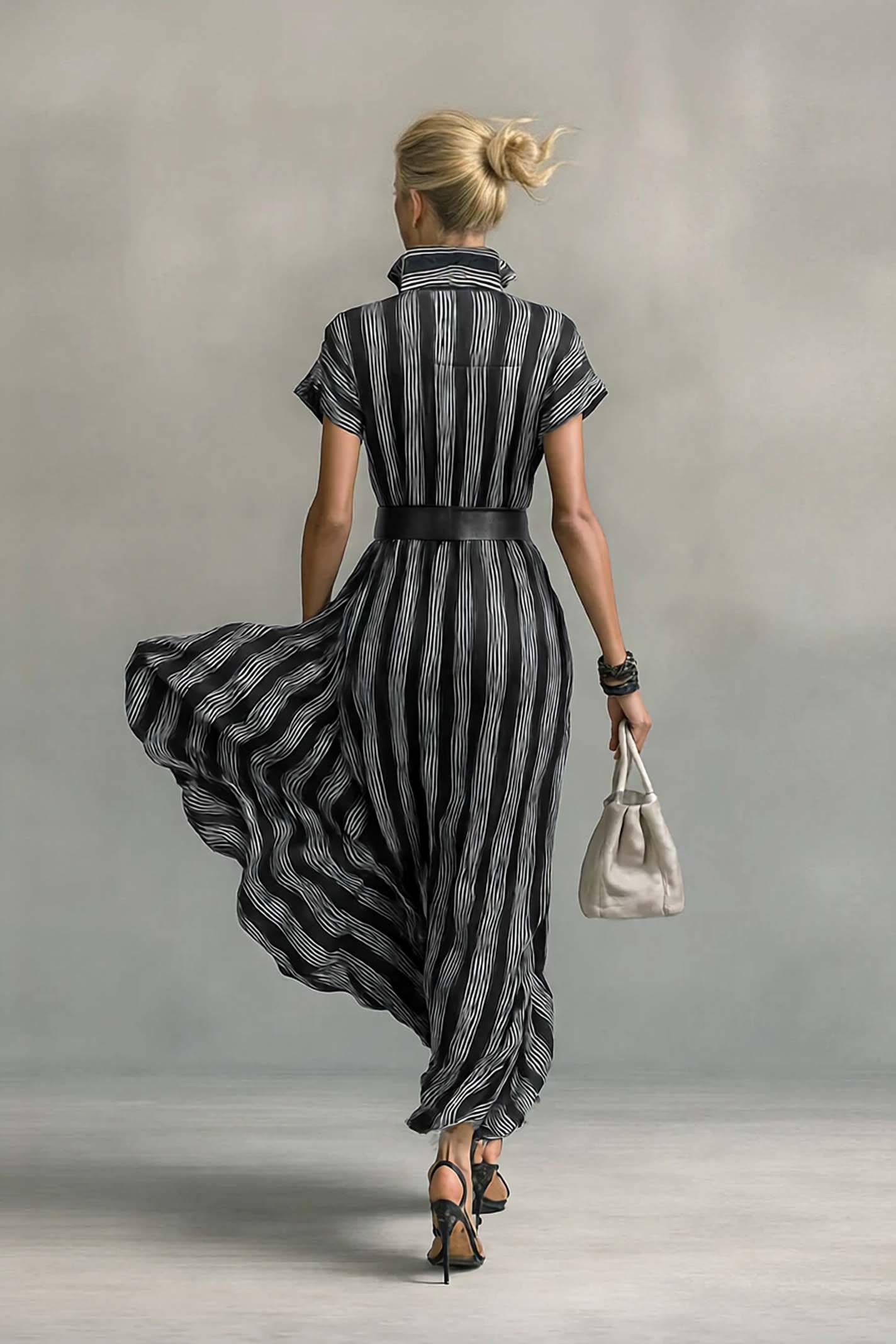 Striped Stand-Collar Blouse Dress