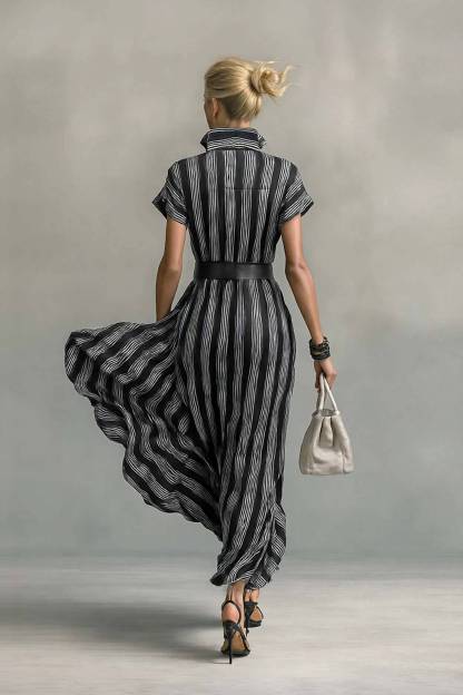 Striped Stand-Collar Blouse Dress