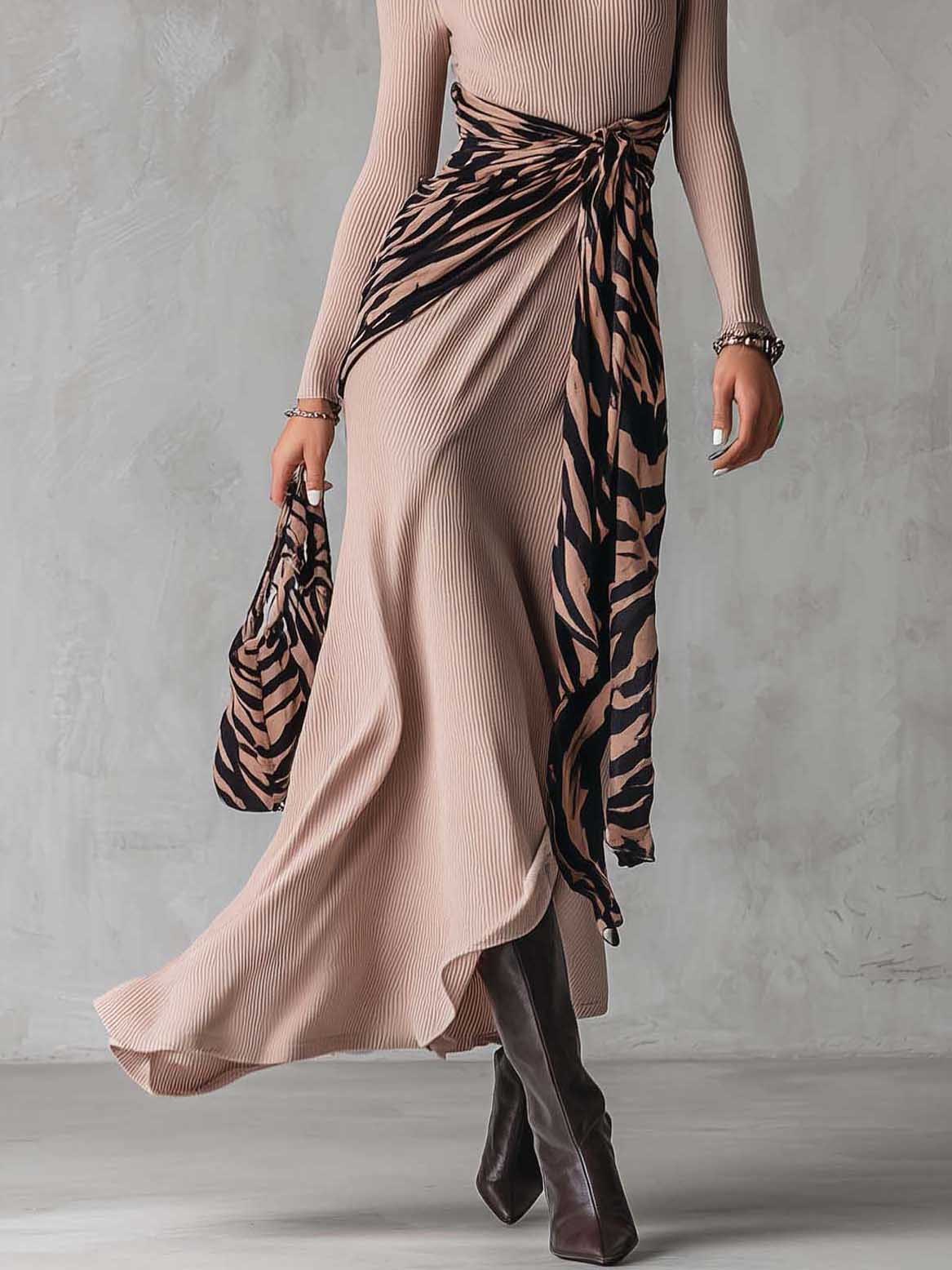 Casual High-Neck Geometric Patchwork Knit Maxi Dress
