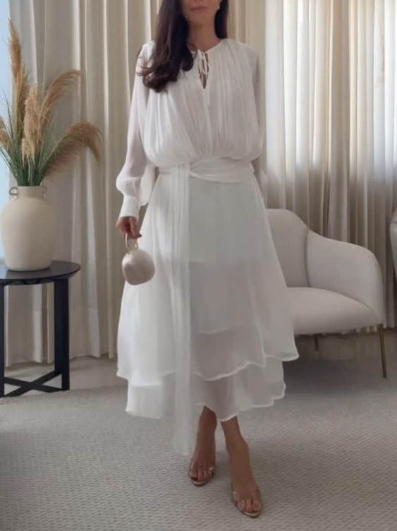 Asymmetrical Hem Long Sleeve Chiffon Midi Dress