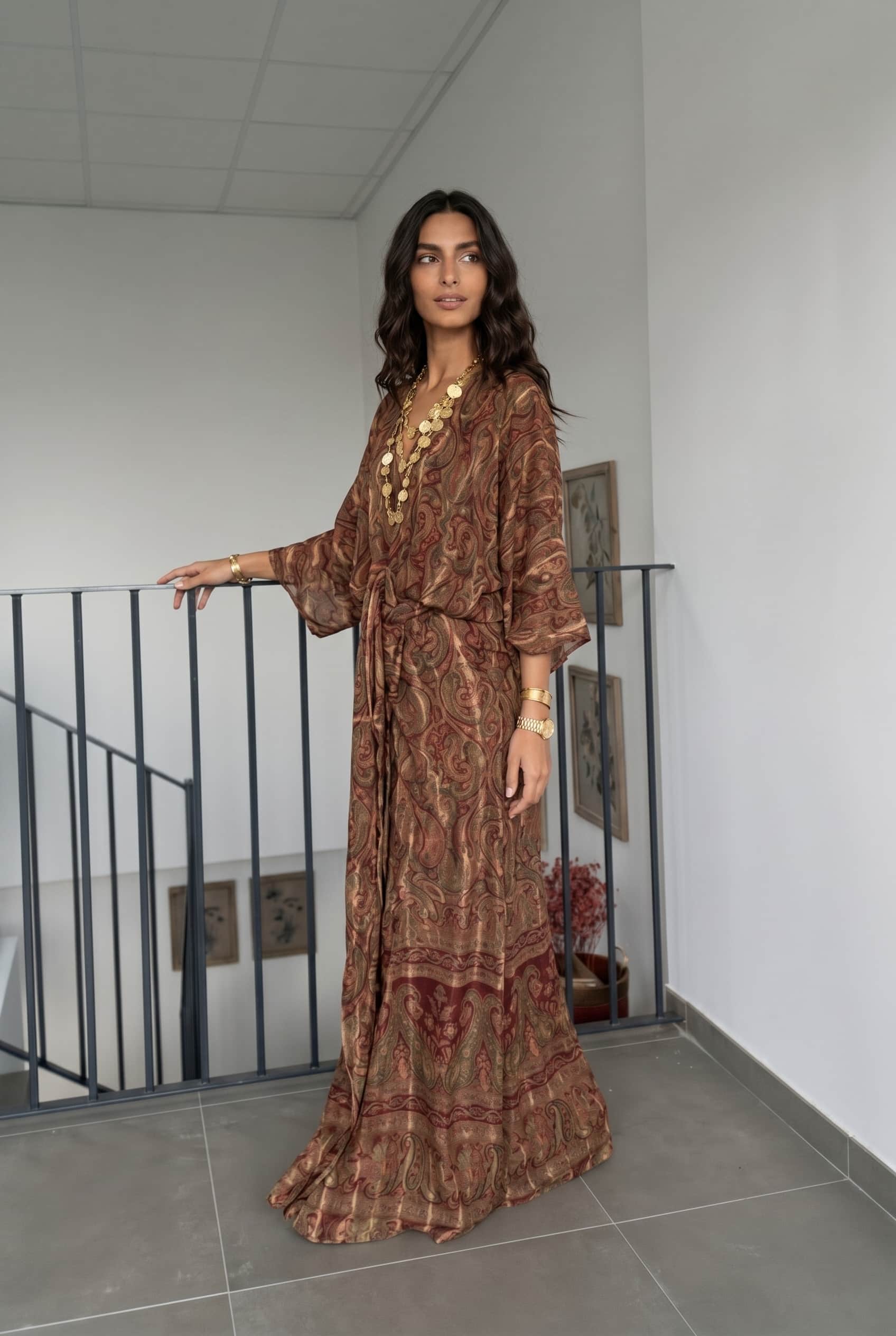 V-Neck Printed Slit Streamer Design Maxi Dress