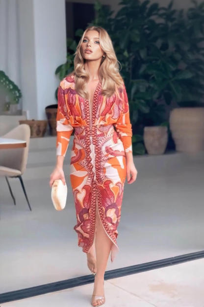 Elegant Floral Print Sexy V-Neck Long Sleeve Slit Dress