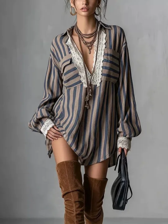 Boho Stripe Lace Trim Shirt Dress, Oversized Long Sleeve Mini Dress for Women