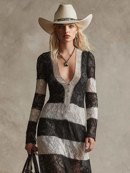 Exquisite Retro Black And White Lace Striped Maxi Dress