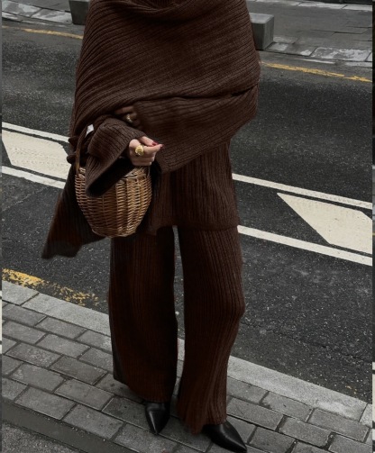 Ribbed Knit 3 Piece Set, Oversized Sweater Wide Leg Pants Wrap Shawl Scarf, Women Fall Winter Matching Outfit