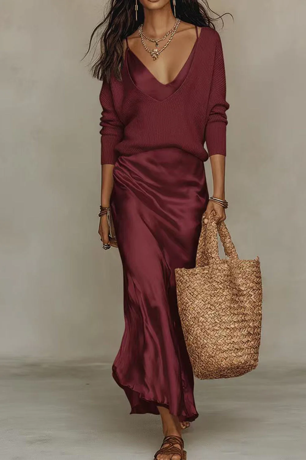 Elegant Knit V-Neck Sweater & Satin Slip Dress Two-Piece Set