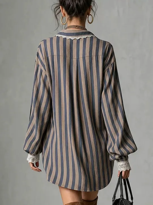 Boho Stripe Lace Trim Shirt Dress, Oversized Long Sleeve Mini Dress for Women