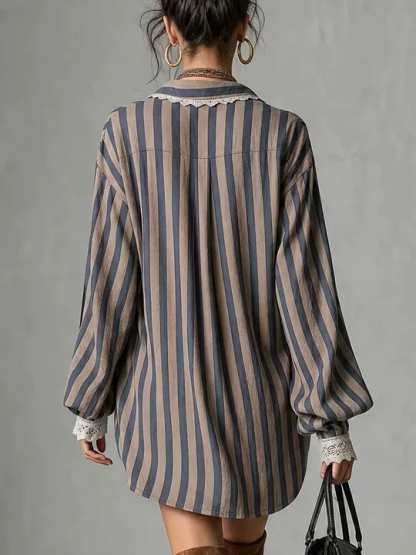 Boho Stripe Lace Trim Shirt Dress, Oversized Long Sleeve Mini Dress for Women