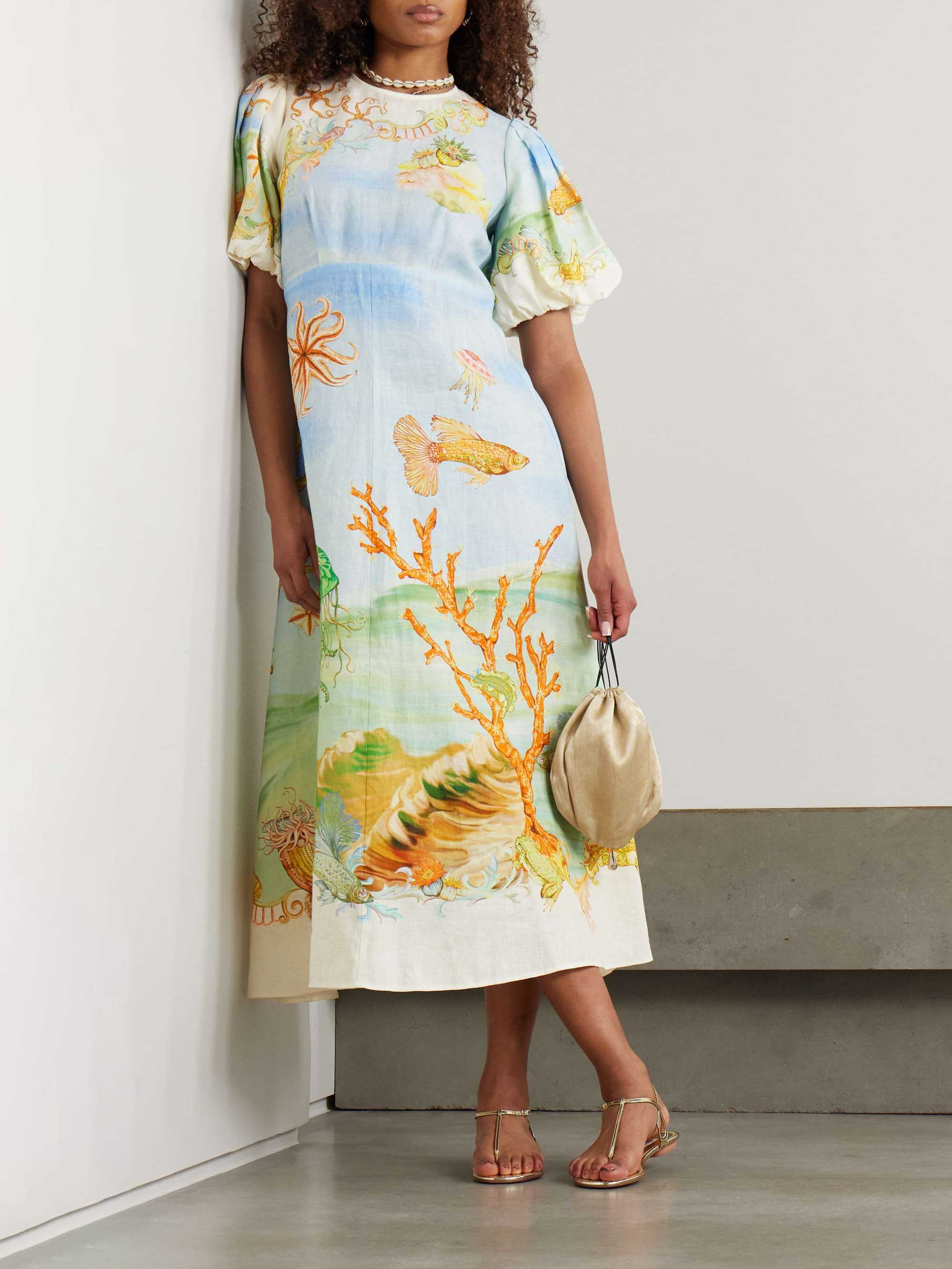 Unique Dream Ocean Print Puff Sleeve Midi Dress