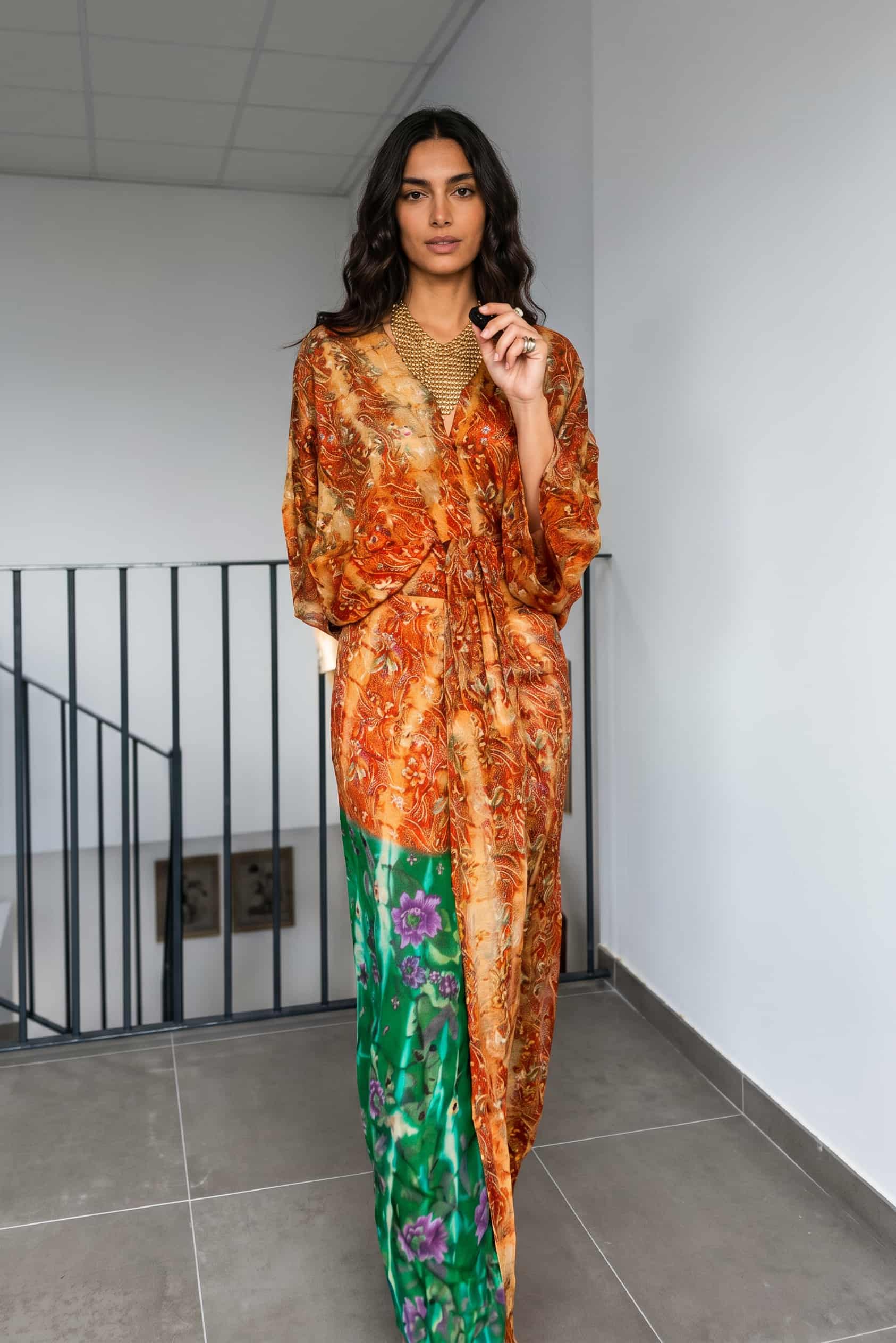 V-Neck Printed Patchwork Slit Streamer Design Maxi Dress