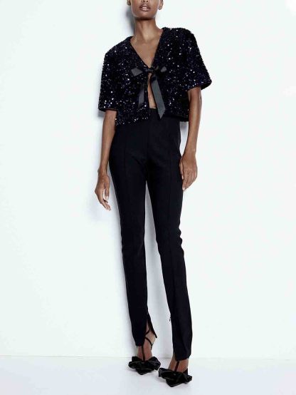 Exquisite Bow Sequined Shirt