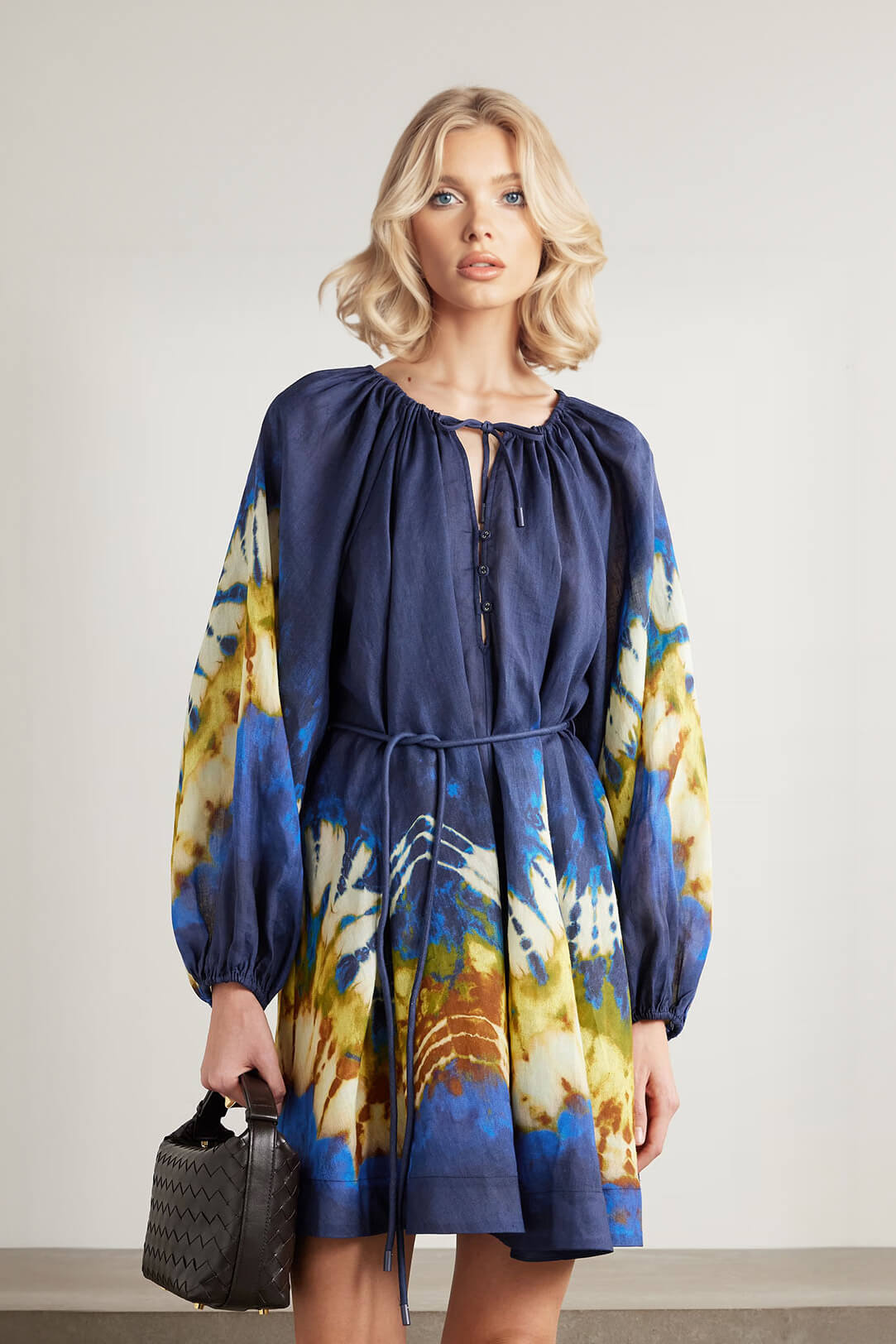 Unique Retro Tie-Dye Print Tie Linen Mini Dress