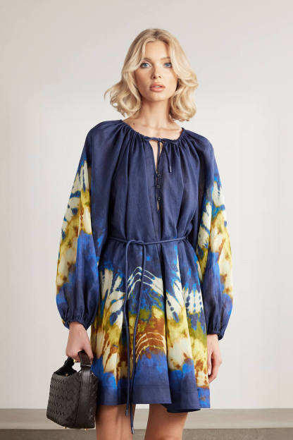 Unique Retro Tie-Dye Print Tie Linen Mini Dress