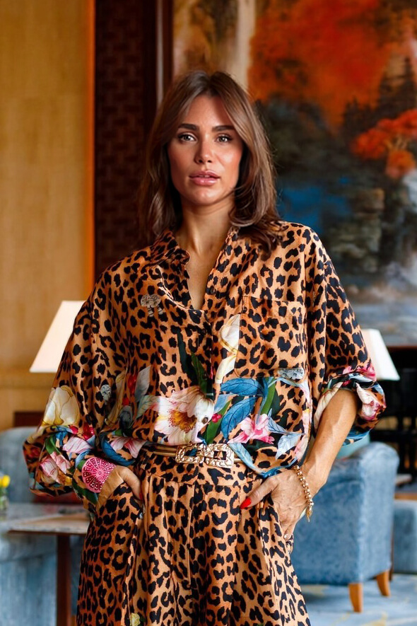 Unique Leopard & Floral Print Loose Button-Up Shirt