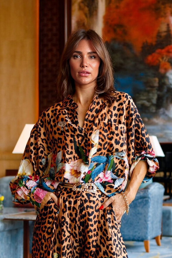 Unique Leopard & Floral Print Loose Button-Up Shirt