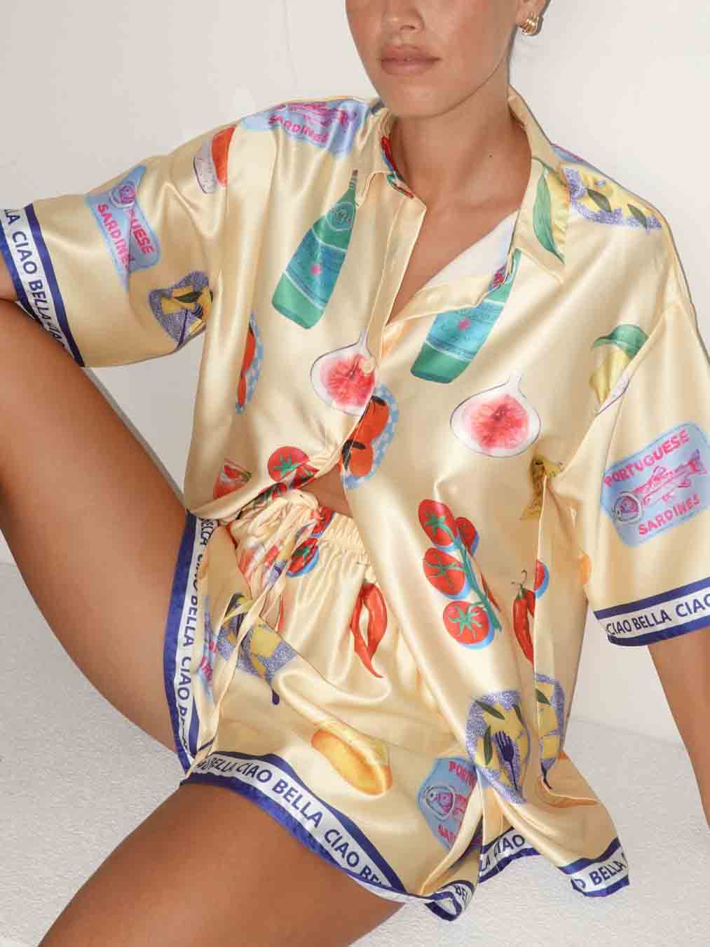 Unique Print Casual Lapel Cardigan Shorts Set