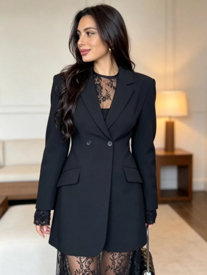 Slim-Fit Suit Jacket See-Through Lace Midi Dress Two-Piece Set