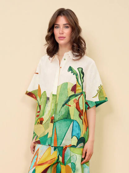 Unique Modern Linen Abstract Print Loose Wide-Leg Pants