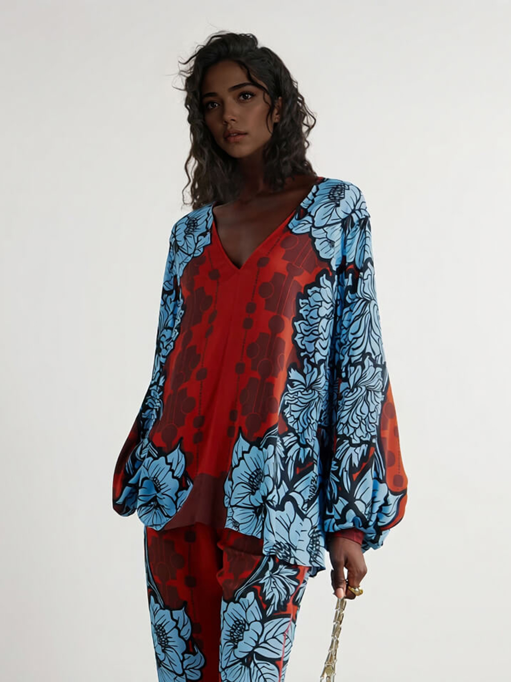 Unique Color-Block Floral Print Satin Piped Pocket Pants