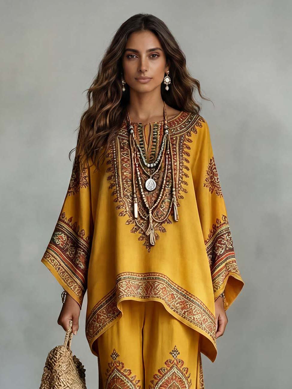 Exquisite Ethnic Print Batwing Sleeve Loose Two-Piece Set