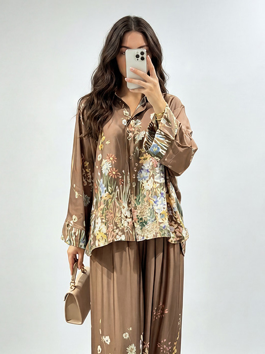 Elegant Floral Print Satin Wide Leg Pants