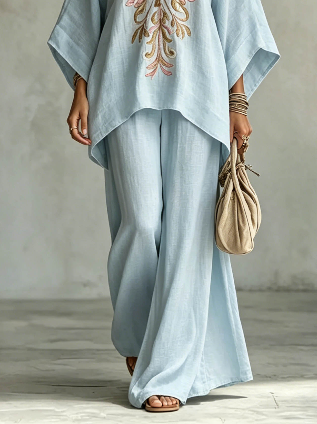 Casual Embroidered V-Neck Batwing Sleeve Shirt Two-Piece Set