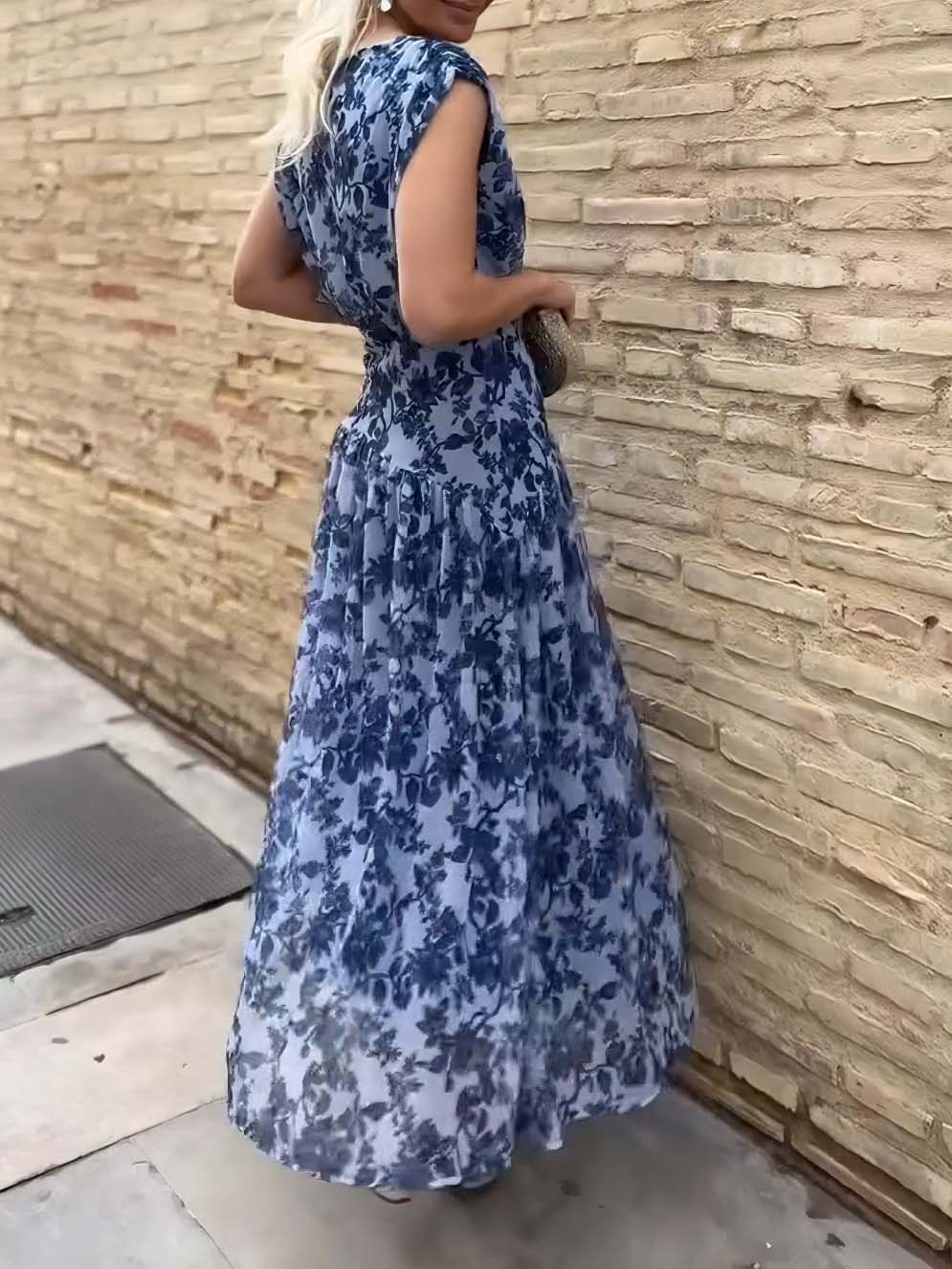 Elegant Floral Mesh Print Pleated Maxi Dress