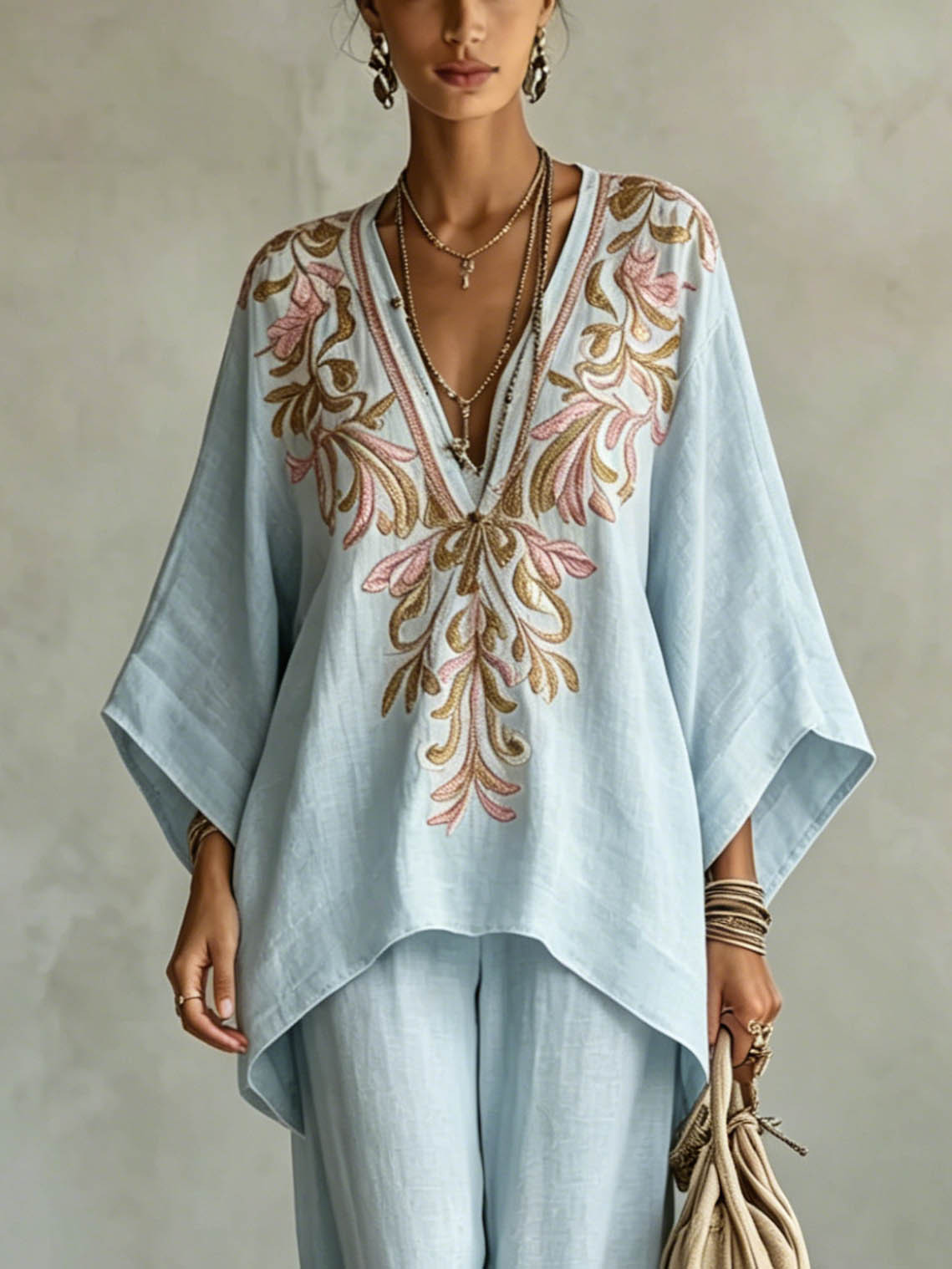 Casual Embroidered V-Neck Batwing Sleeve Shirt Two-Piece Set