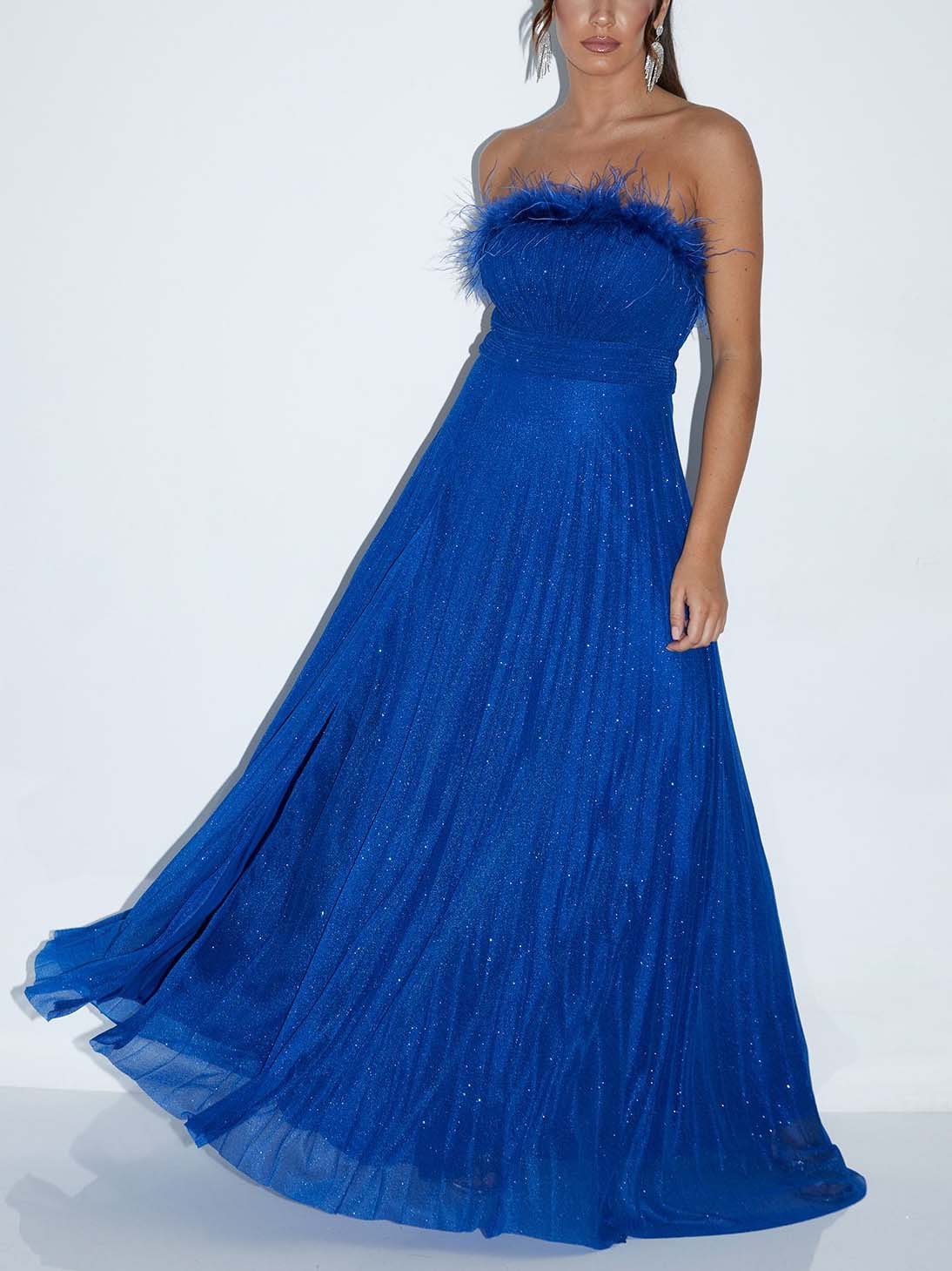 Elegant Feather Trim Shimmer Strapless Maxi Dress