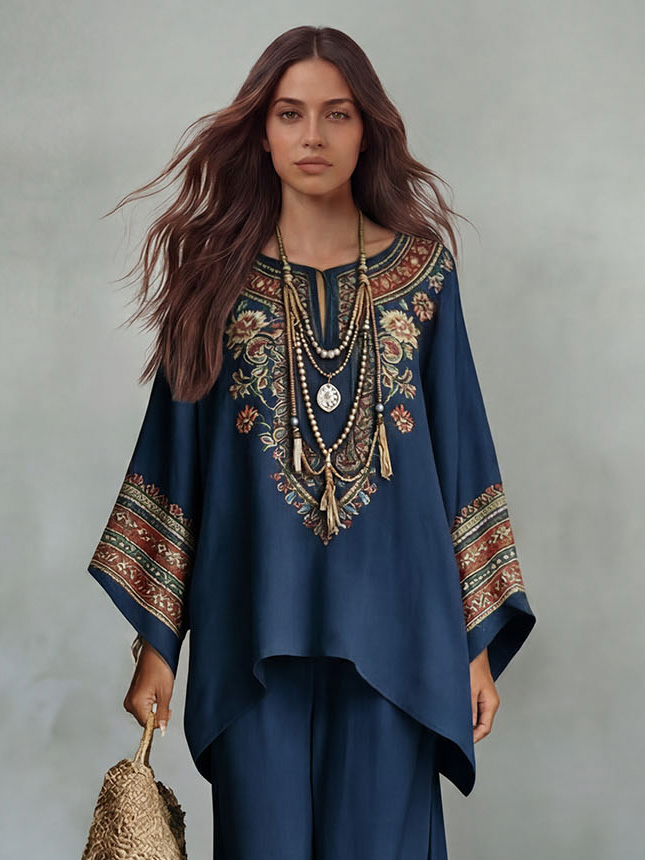 Retro Ethnic Floral Print Batwing Sleeve Shirt & Pants Two-Piece Set