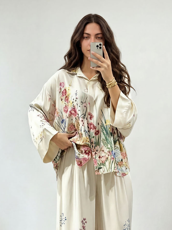 Elegant Floral Print Satin Wide Leg Pants