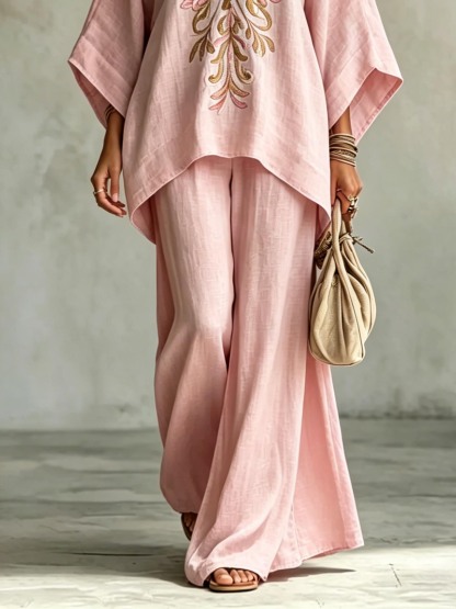 Casual Embroidered V-Neck Batwing Sleeve Shirt Two-Piece Set