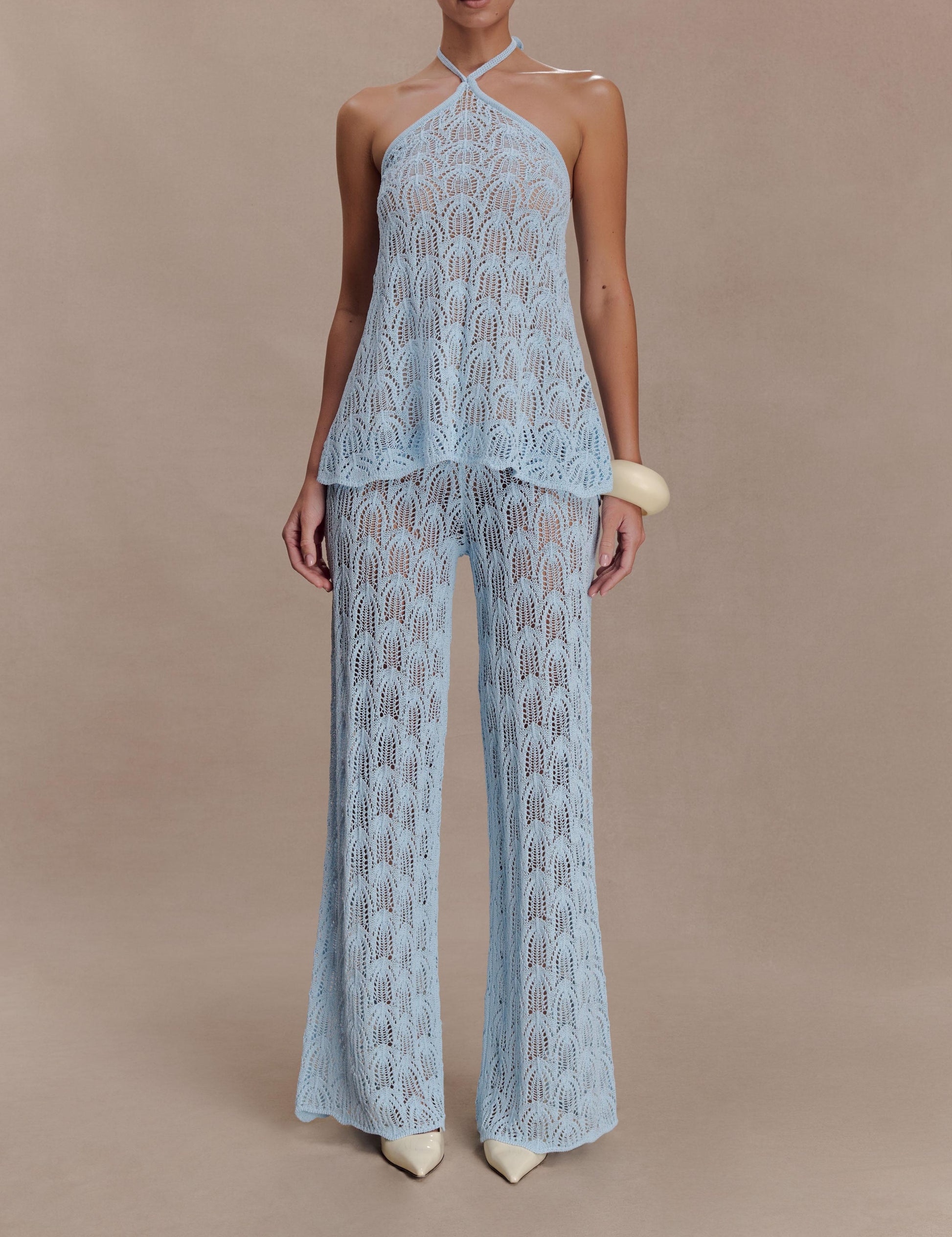 Bohemian Rui Lace Neck Jumpsuit-sky Blue Transparent Like Needle Wide Leg Pants Set