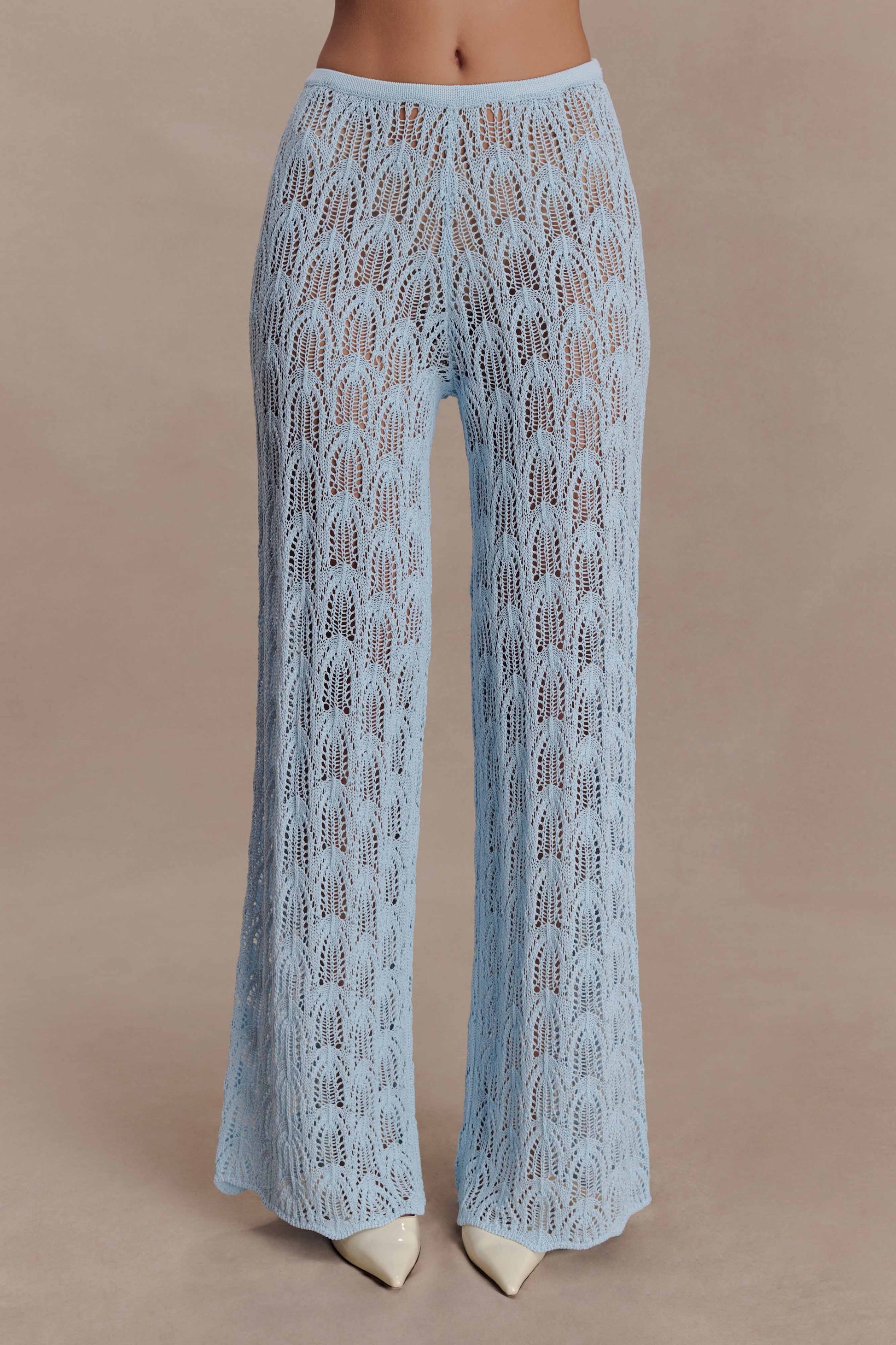 Bohemian Rui Lace Neck Jumpsuit-sky Blue Transparent Like Needle Wide Leg Pants Set