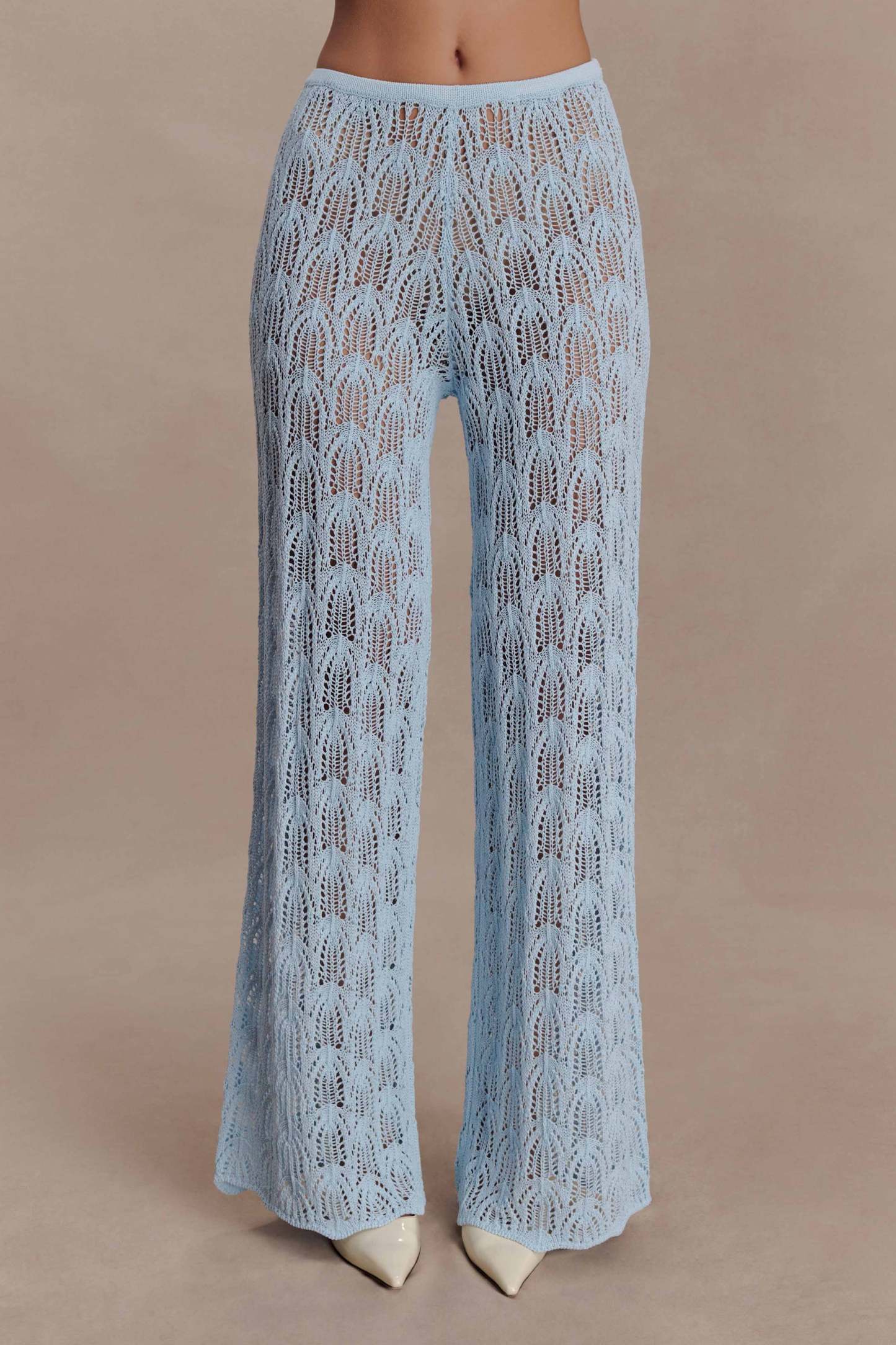 Bohemian Rui Lace Neck Jumpsuit-sky Blue Transparent Like Needle Wide Leg Pants Set