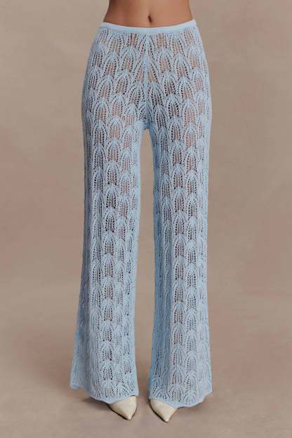 Bohemian Rui Lace Neck Jumpsuit-sky Blue Transparent Like Needle Wide Leg Pants Set