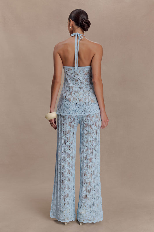 Bohemian Rui Lace Neck Jumpsuit-sky Blue Transparent Like Needle Wide Leg Pants Set