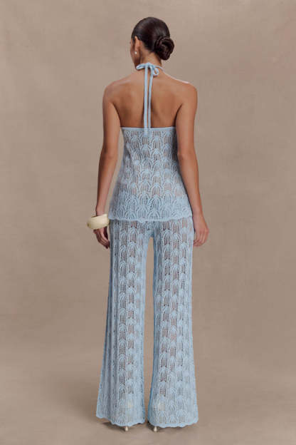 Bohemian Rui Lace Neck Jumpsuit-sky Blue Transparent Like Needle Wide Leg Pants Set