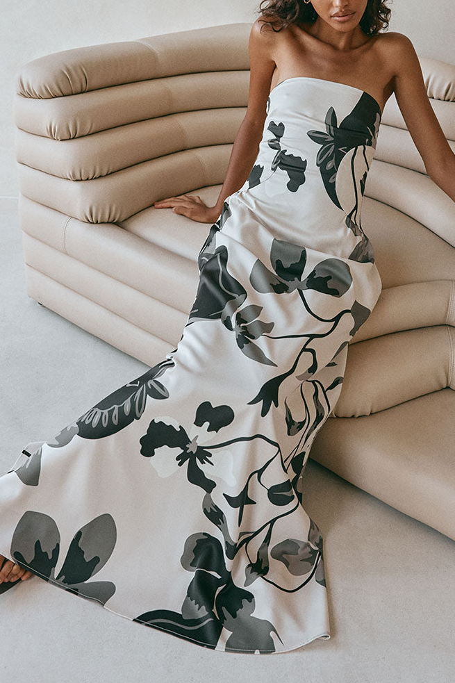 Modern Abstract Floral Strapless Maxi Dress – Monochrome Print In Ivory & Charcoal