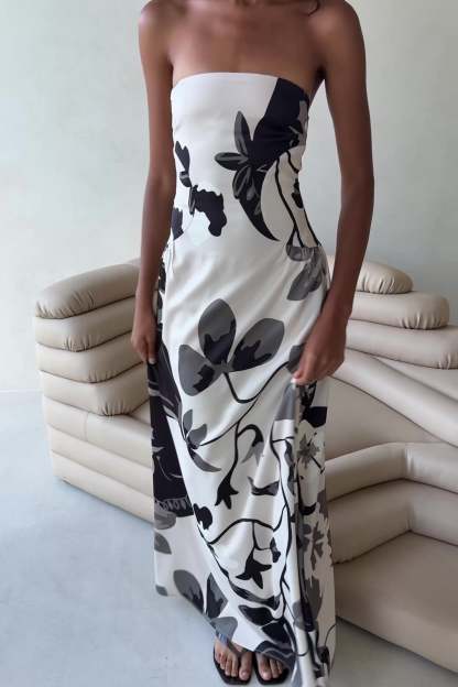 Modern Abstract Floral Strapless Maxi Dress – Monochrome Print In Ivory & Charcoal