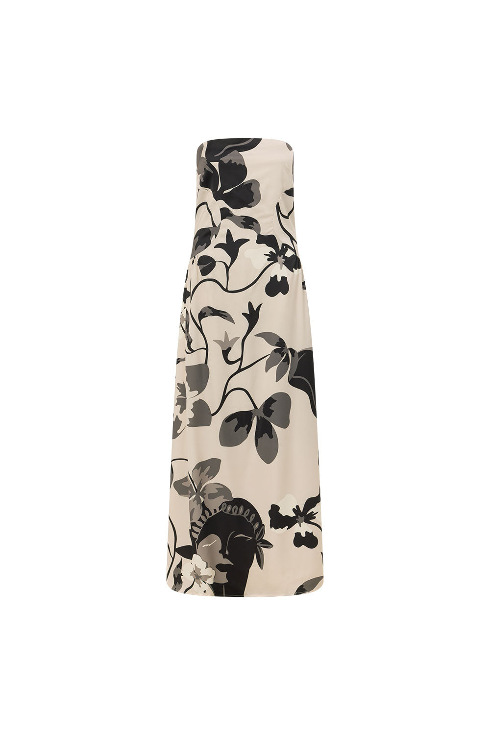 Modern Abstract Floral Strapless Maxi Dress – Monochrome Print In Ivory & Charcoal